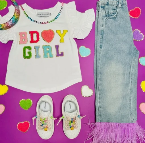MINI DREAMERS Tops | Rainbow-BDAY GIRL RUFFLE SLEEVE TSHIRT