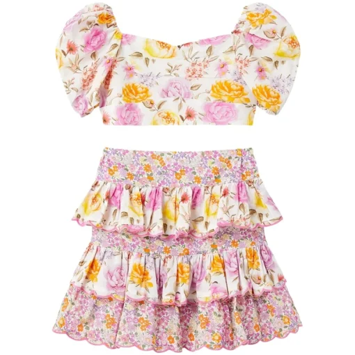 MARLO Bottoms | Tops-BLAIRE FLORAL PUFF SLEEVE CROP TOP AND SKIRT SET