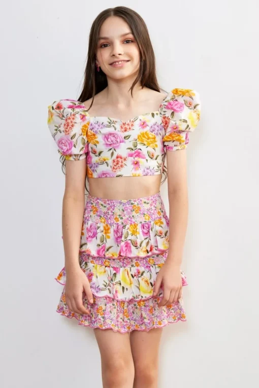 MARLO Bottoms | Tops-BLAIRE FLORAL PUFF SLEEVE CROP TOP AND SKIRT SET