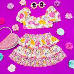 MARLO Bottoms | Tops-BLAIRE FLORAL PUFF SLEEVE CROP TOP AND SKIRT SET