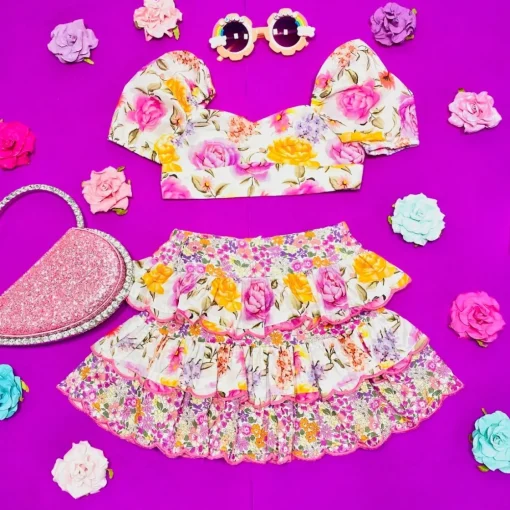MARLO Bottoms | Tops-BLAIRE FLORAL PUFF SLEEVE CROP TOP AND SKIRT SET