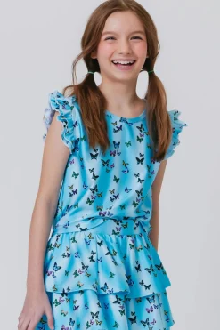 TEREZ Tops | Butterflies-BUTTERFLY RUFFLE SLEEVE CROP TOP