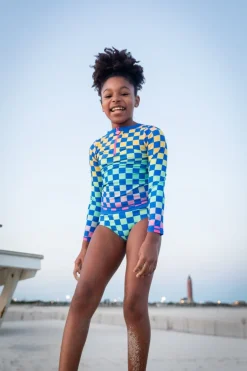 APPAMAN Swim | Matching Sibling Outfits-CHECKERED LONG SLEEVE RASH GUARD TWO PIECE SWIMSUIT SET