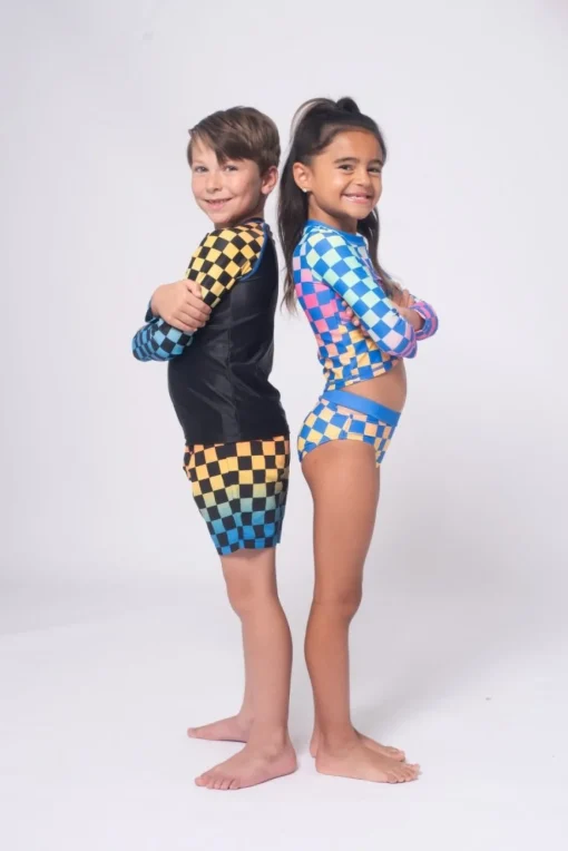 APPAMAN Swim | Matching Sibling Outfits-CHECKERED LONG SLEEVE RASH GUARD TWO PIECE SWIMSUIT SET
