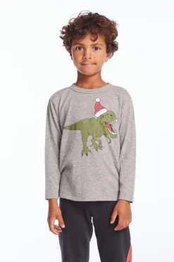 BOY CHASER KIDS Tops | Dinosaurs-DINO SANTA LONG SLEEVE TSHIRT