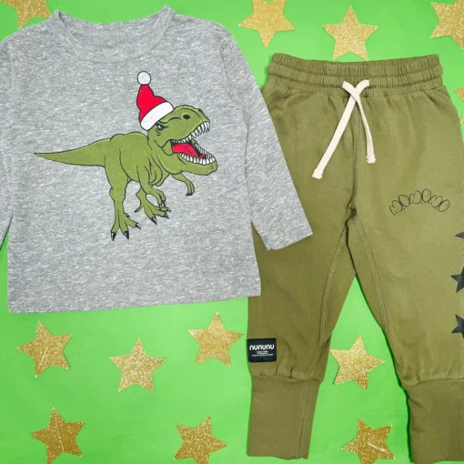 BOY CHASER KIDS Tops | Dinosaurs-DINO SANTA LONG SLEEVE TSHIRT