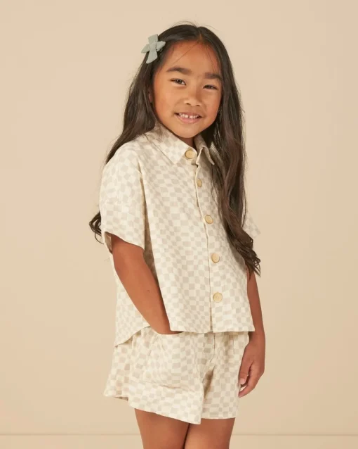 RYLEE + CRU Bottoms | Tops-DOVE CHECK KELLI BUTTON DOWN AND SHORTS SET