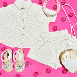 RYLEE + CRU Bottoms | Tops-DOVE CHECK KELLI BUTTON DOWN AND SHORTS SET