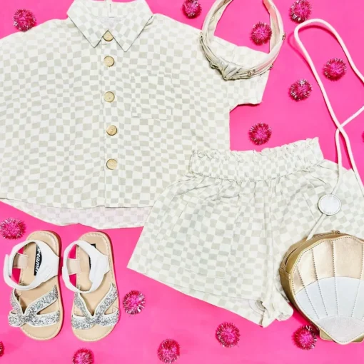 RYLEE + CRU Bottoms | Tops-DOVE CHECK KELLI BUTTON DOWN AND SHORTS SET