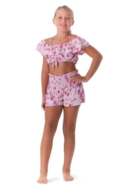 SUBMARINE SWIMWEAR Tops-FLORAL ORCHIDS RUFFLE CROP TOP