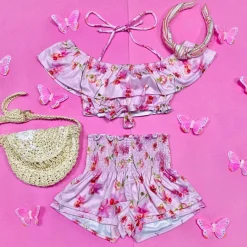 SUBMARINE SWIMWEAR Tops-FLORAL ORCHIDS RUFFLE CROP TOP