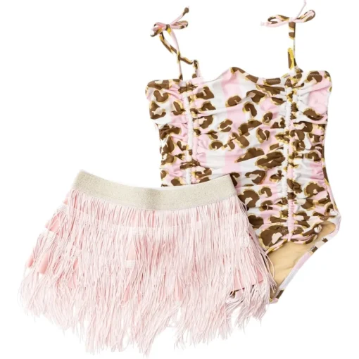 SHADE CRITTERS Swim | Leopard-LEOPARD METALLIC ONE PIECE SWIMSUIT W/ FRINGE SKIRT SET
