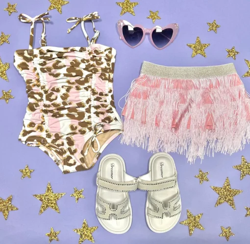 SHADE CRITTERS Swim | Leopard-LEOPARD METALLIC ONE PIECE SWIMSUIT W/ FRINGE SKIRT SET