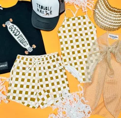 RYLEE + CRU Swim | Swim-RETRO CHECK SKY ONE PIECE RUFFLE SWIMSUIT