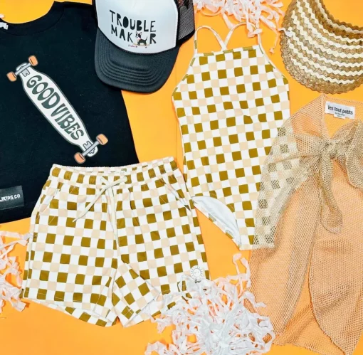 RYLEE + CRU Swim | Swim-RETRO CHECK SKY ONE PIECE RUFFLE SWIMSUIT