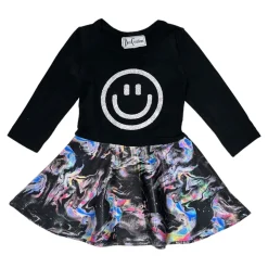 DORI CREATIONS Dresses | All Things Smiley Face-SMILEY FACE HOLOGRAPHIC MARBLE RUFFLE LONG SLEEVE DRESS