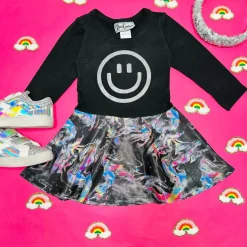 DORI CREATIONS Dresses | All Things Smiley Face-SMILEY FACE HOLOGRAPHIC MARBLE RUFFLE LONG SLEEVE DRESS