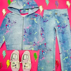 TEREZ Outerwear | Denim On Denim-SPLATTER DENIM ZIP UP HOODIE