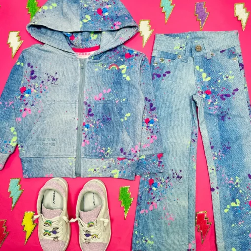 TEREZ Outerwear | Denim On Denim-SPLATTER DENIM ZIP UP HOODIE