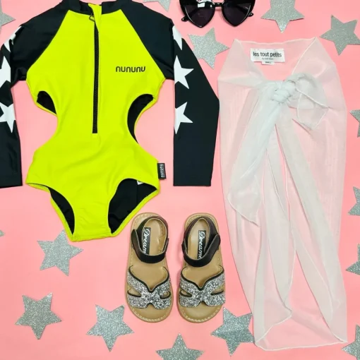 NUNUNU Swim | Neon-TRIPLE STAR CUTOUT RASH GUARD ONE PIECE SWIMSUIT